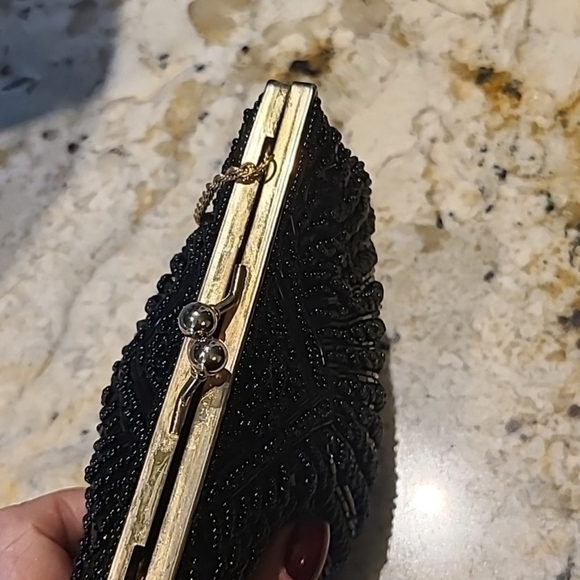 Beaded evening bag. Lovely black satin and beads gold clasp. Sz. 6"x6". (#1315) - Picture 9 of 14